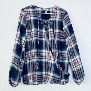 Knox Rose Plaid Faux Wrap Tassel Laceup Collar Bubble Hem Pullover Top XL